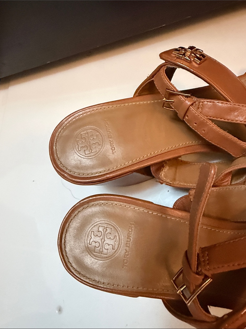 Tory Burch Cognac Leather Double-Strap Slingback Sandals with Gold Logo - Picture 6 of 11